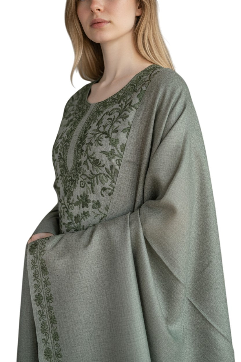 Women Woolen Kashmiri Suits Semi Pashmina Aari Embroidery  - Green 2