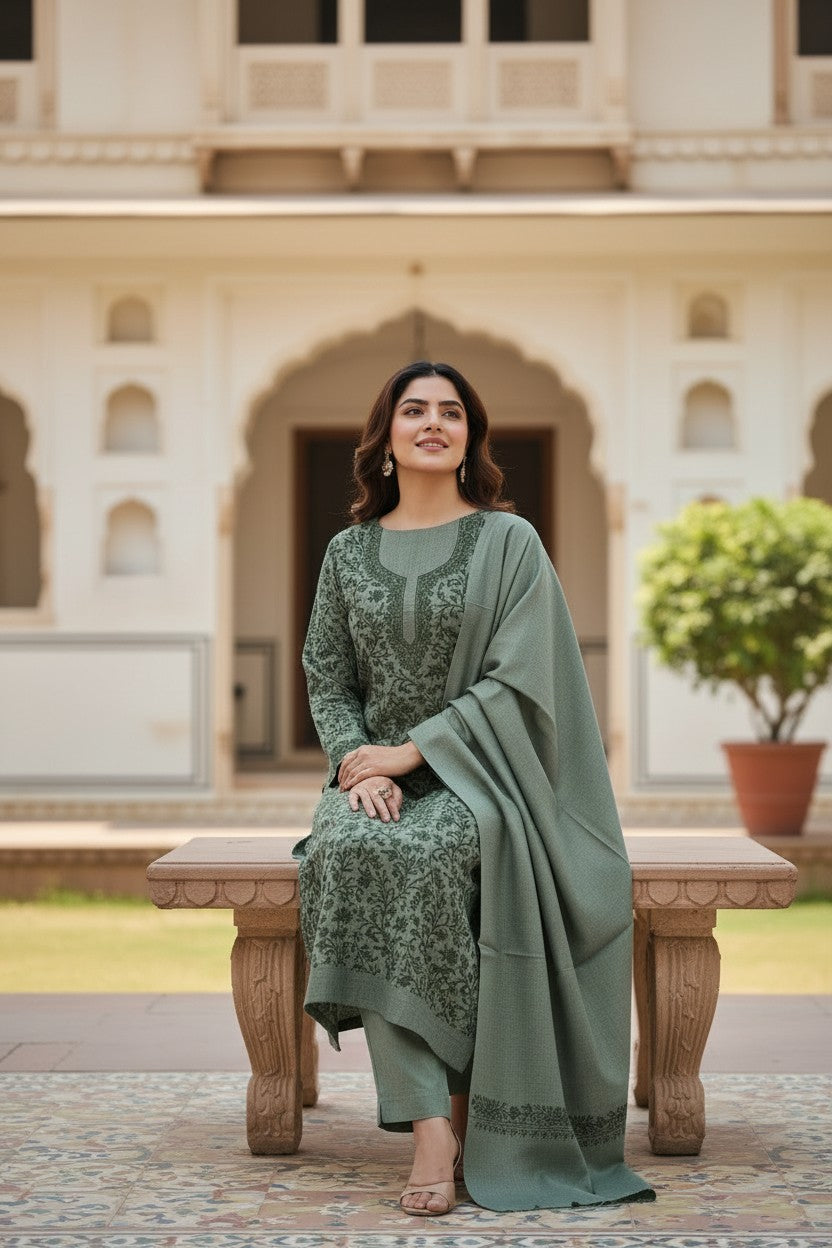 Women Woolen Kashmiri Suits Semi Pashmina Aari Embroidery  - Green 2