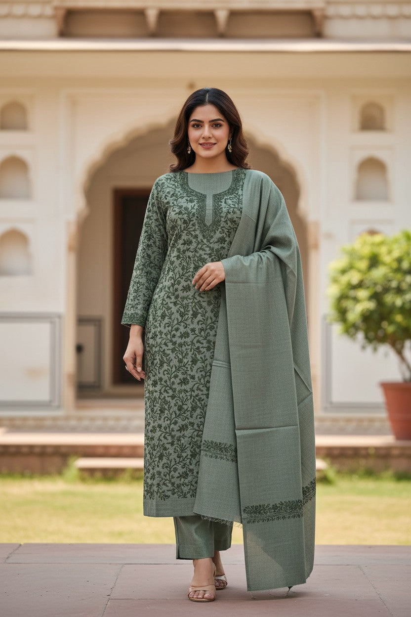Women Woolen Kashmiri Suits Semi Pashmina Aari Embroidery  - Green 2