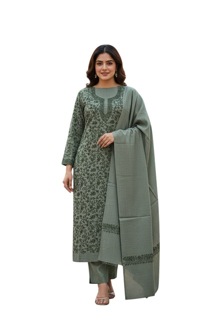 Women Woolen Kashmiri Suits Semi Pashmina Aari Embroidery  - Green 2