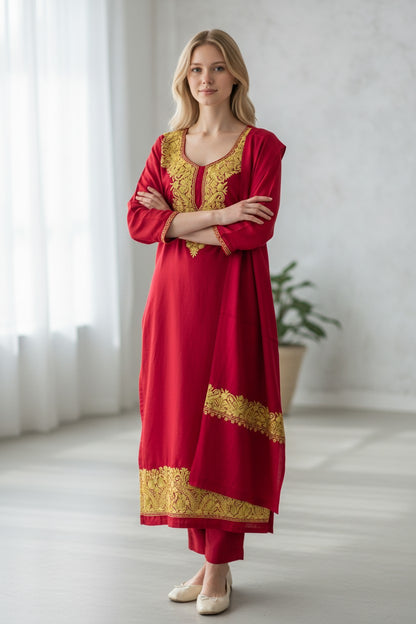 Women Woolen Kashmiri Suits Semi Pashmina Aari Embroidery  - Maroon