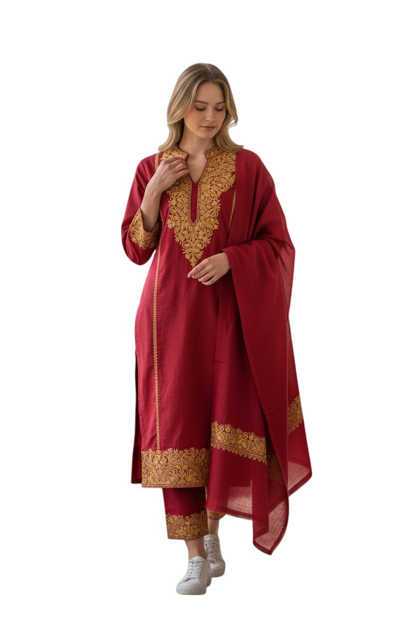 Women Woolen Kashmiri Suits Semi Pashmina Aari Embroidery  - Maroon