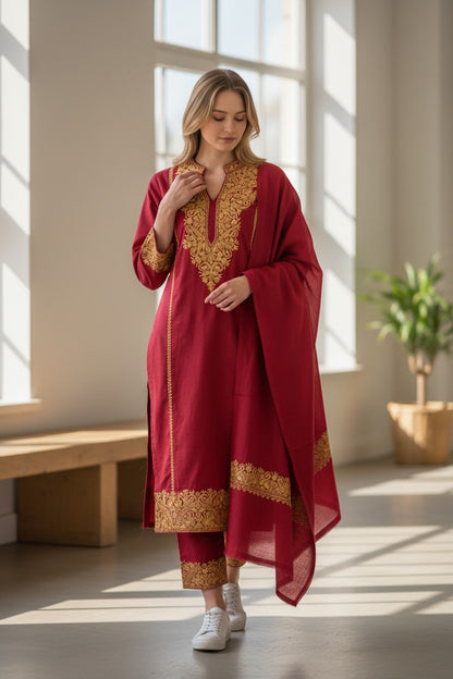 Women Woolen Kashmiri Suits Semi Pashmina Aari Embroidery  - Maroon