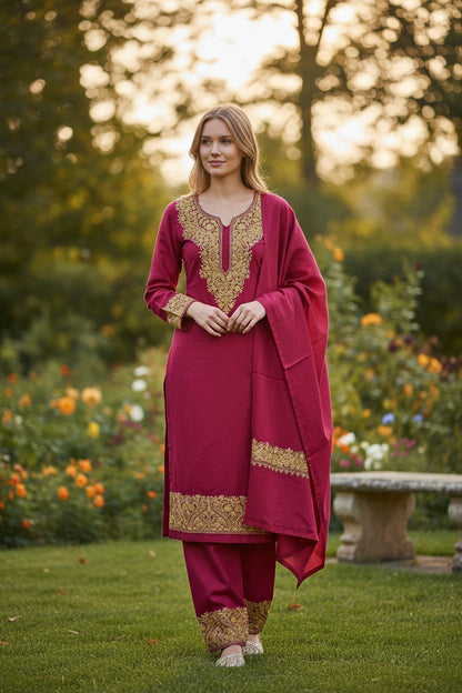 Women Woolen Kashmiri Suits Semi Pashmina Aari Embroidery  - Maroon
