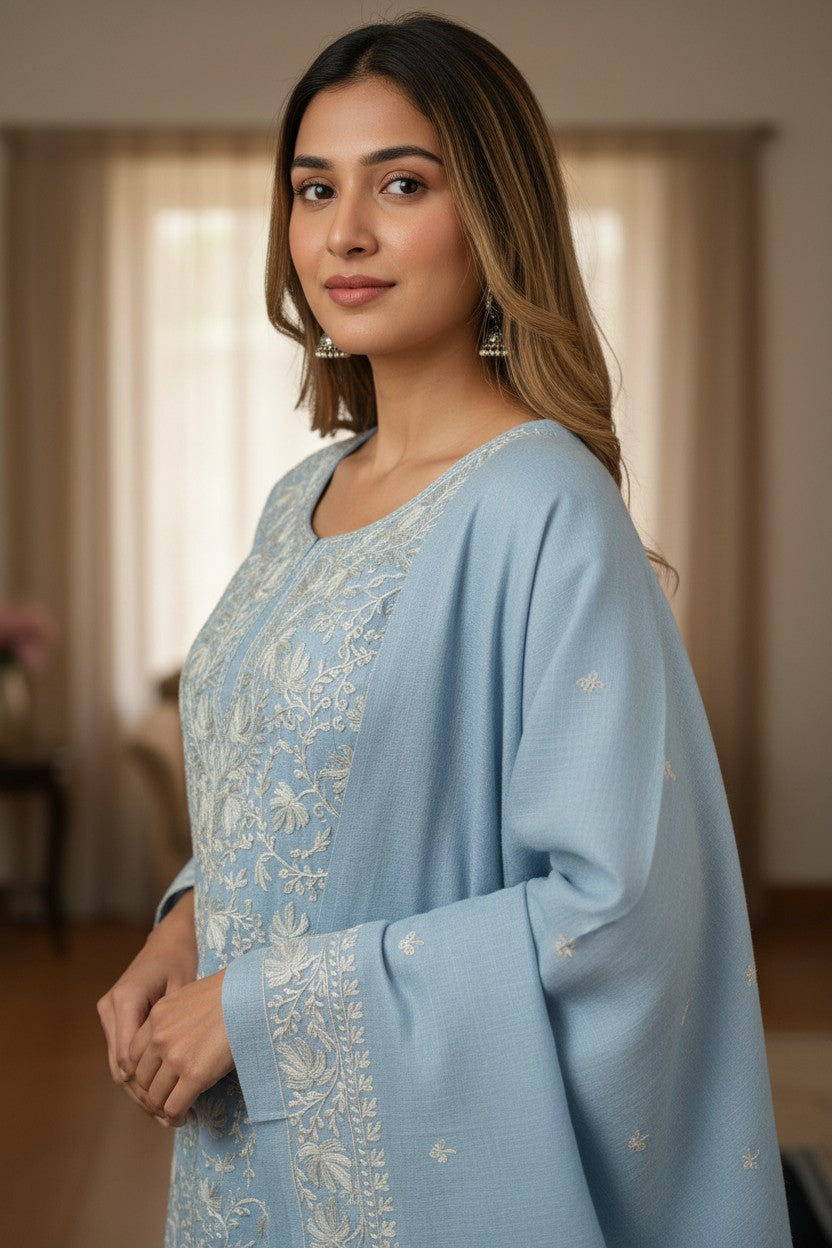 Women Woolen Kashmiri Suits Semi Pashmina Aari Embroidery  - Sky Blue