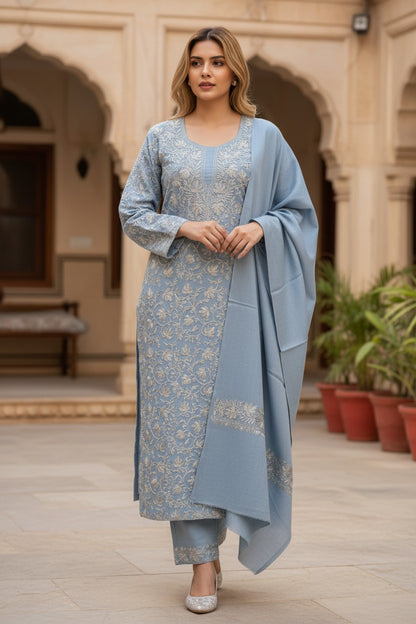 Women Woolen Kashmiri Suits Semi Pashmina Aari Embroidery  - Sky Blue