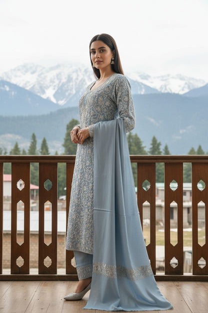 Women Woolen Kashmiri Suits Semi Pashmina Aari Embroidery  - Sky Blue