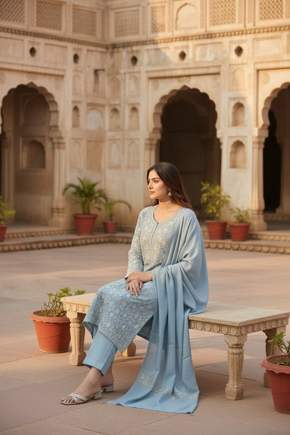Women Woolen Kashmiri Suits Semi Pashmina Aari Embroidery  - Sky Blue