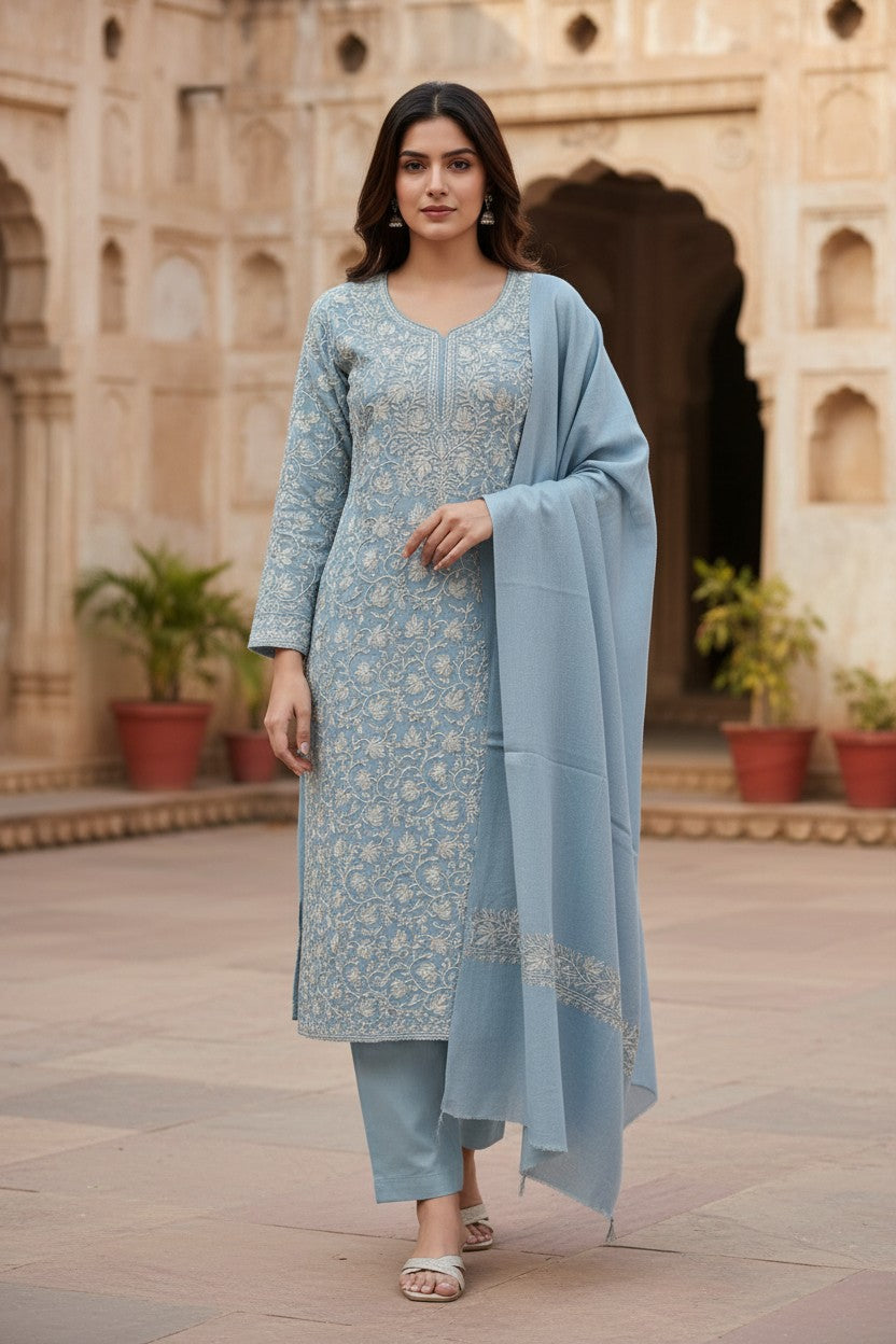 Women Woolen Kashmiri Suits Semi Pashmina Aari Embroidery  - Sky Blue