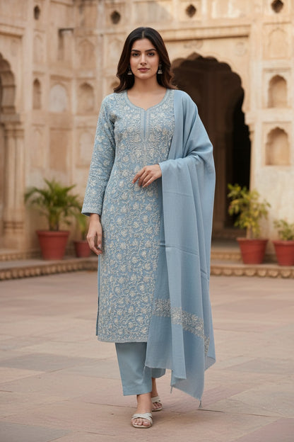 Women Woolen Kashmiri Suits Semi Pashmina Aari Embroidery  - Sky Blue