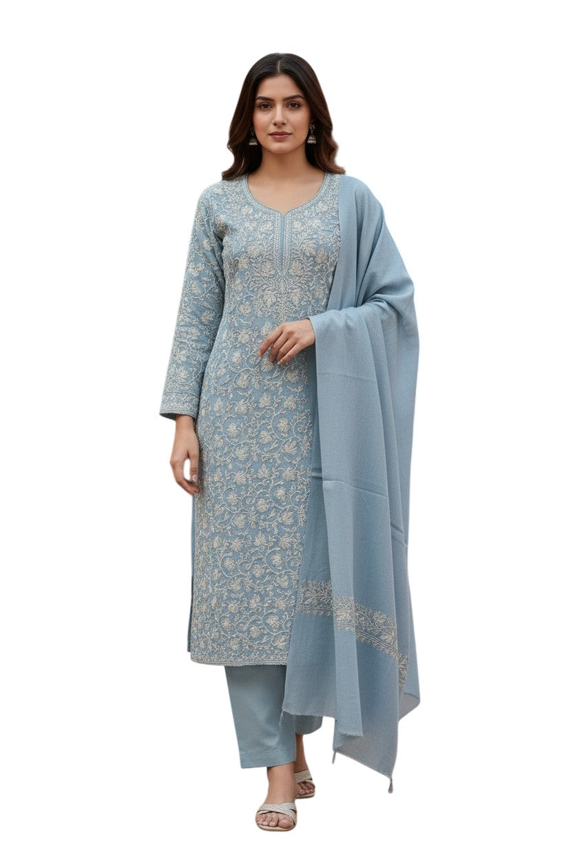 Women Woolen Kashmiri Suits Semi Pashmina Aari Embroidery  - Sky Blue