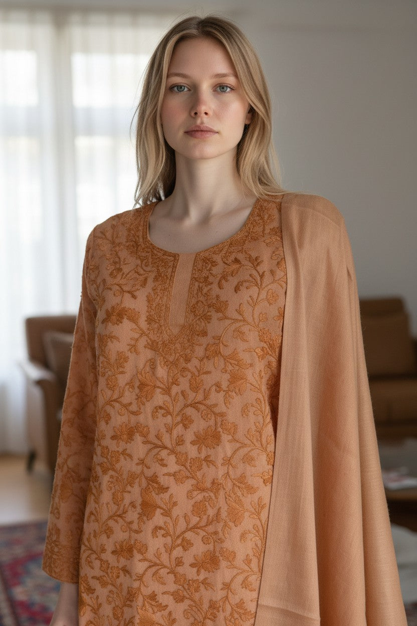 Women Woolen Kashmiri Suits Semi Pashmina Aari Embroidery  - Camel