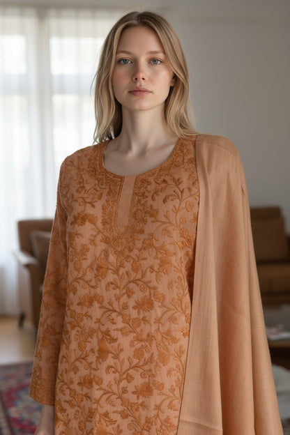 Women Woolen Kashmiri Suits Semi Pashmina Aari Embroidery  - Camel