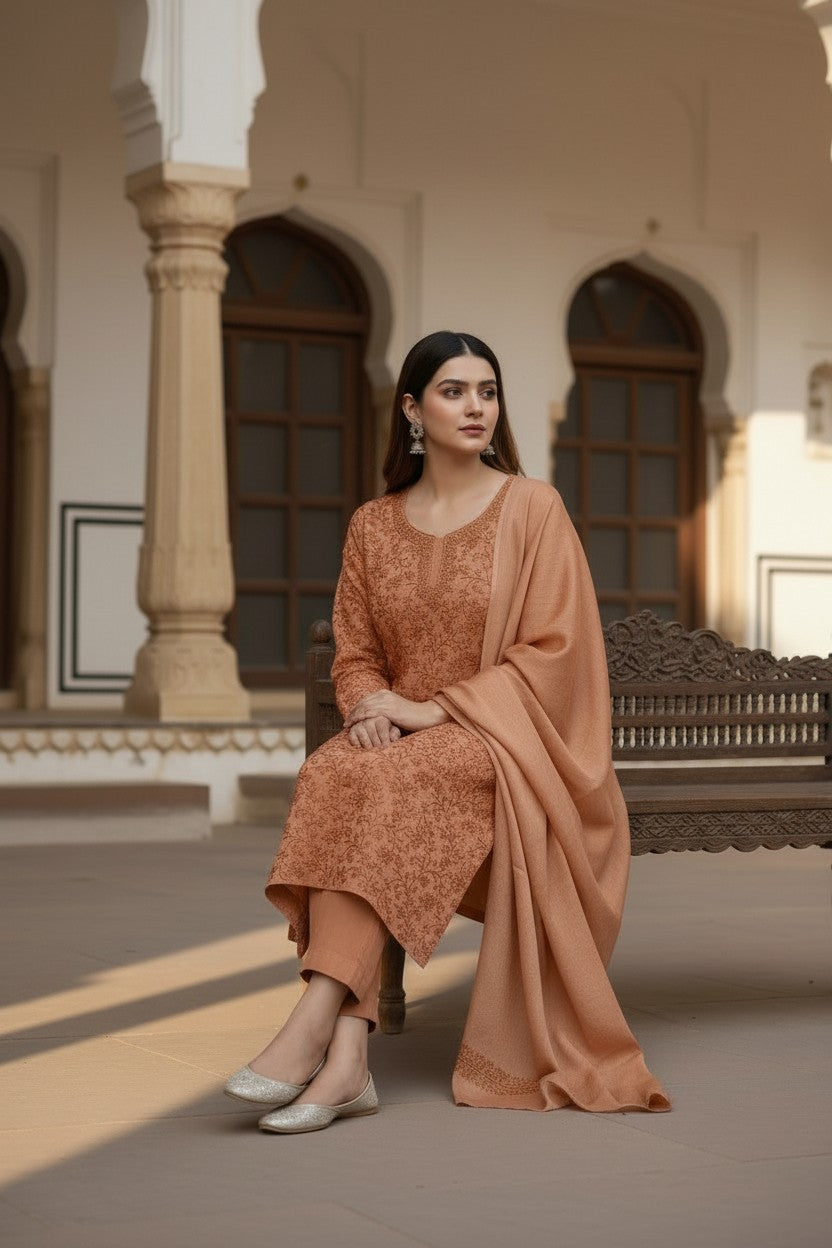 Women Woolen Kashmiri Suits Semi Pashmina Aari Embroidery  - Camel