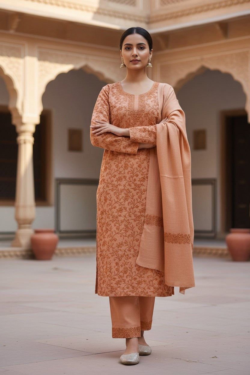 Women Woolen Kashmiri Suits Semi Pashmina Aari Embroidery  - Camel
