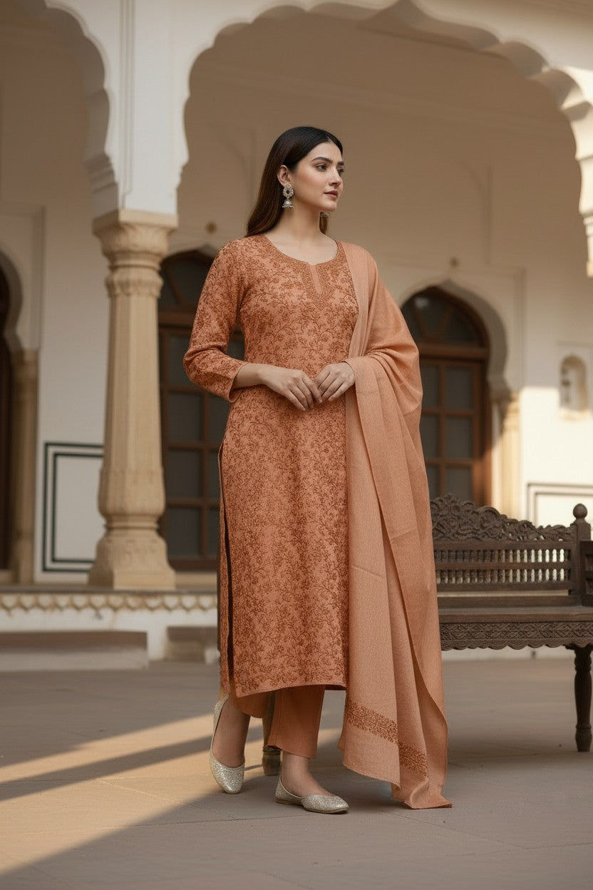 Women Woolen Kashmiri Suits Semi Pashmina Aari Embroidery  - Camel
