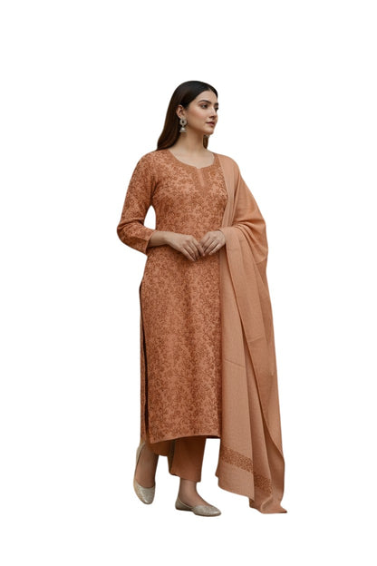 Women Woolen Kashmiri Suits Semi Pashmina Aari Embroidery  - Camel