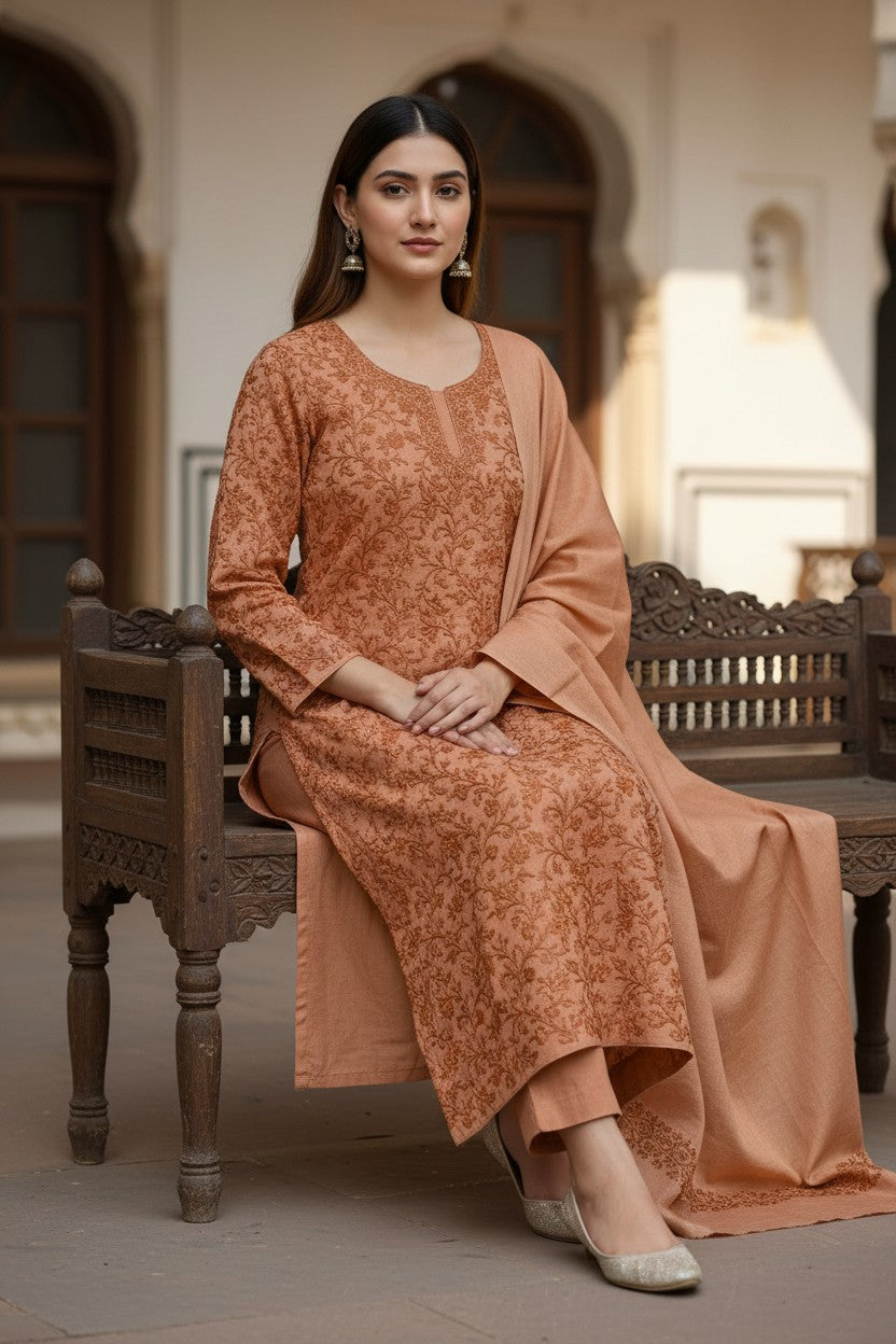 Women Woolen Kashmiri Suits Semi Pashmina Aari Embroidery  - Camel