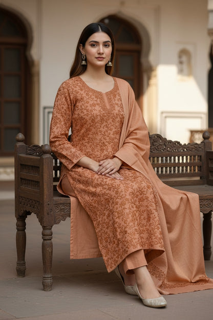 Women Woolen Kashmiri Suits Semi Pashmina Aari Embroidery  - Camel