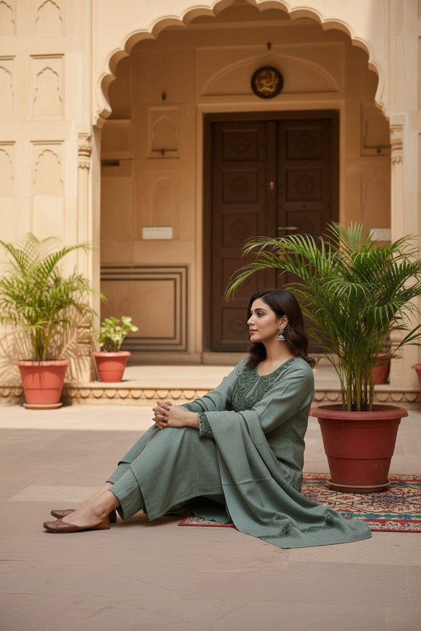 Women Woolen Kashmiri Suits Semi Pashmina Aari Embroidery  - Green