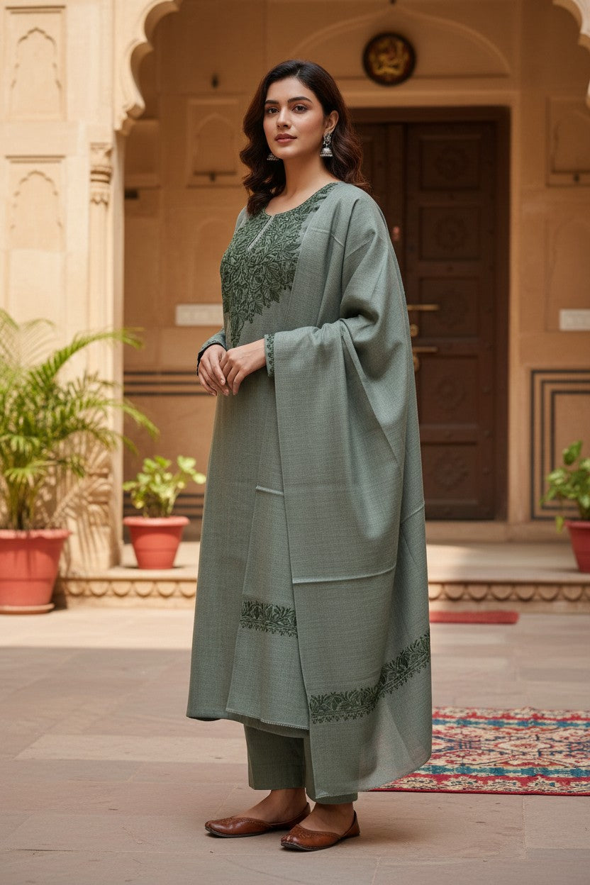 Women Woolen Kashmiri Suits Semi Pashmina Aari Embroidery  - Green