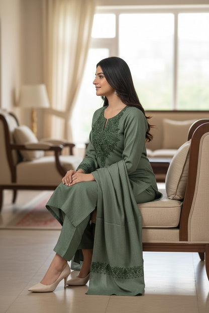 Women Woolen Kashmiri Suits Semi Pashmina Aari Embroidery  - Green