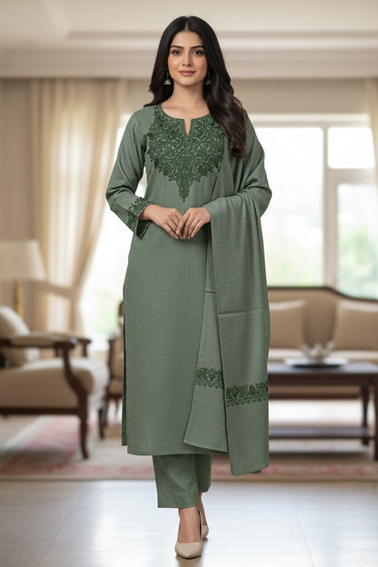 Women Woolen Kashmiri Suits Semi Pashmina Aari Embroidery  - Green