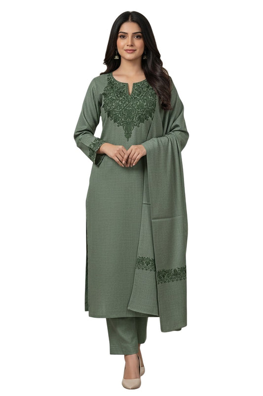 Women Woolen Kashmiri Suits Semi Pashmina Aari Embroidery  - Green