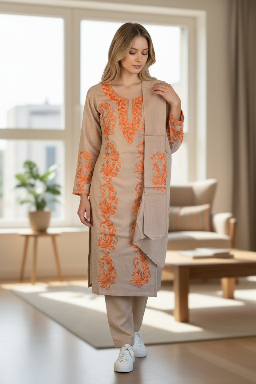 Kashmir Gallery Women Woolen Kashmiri Suits Semi Pashmina - Grey