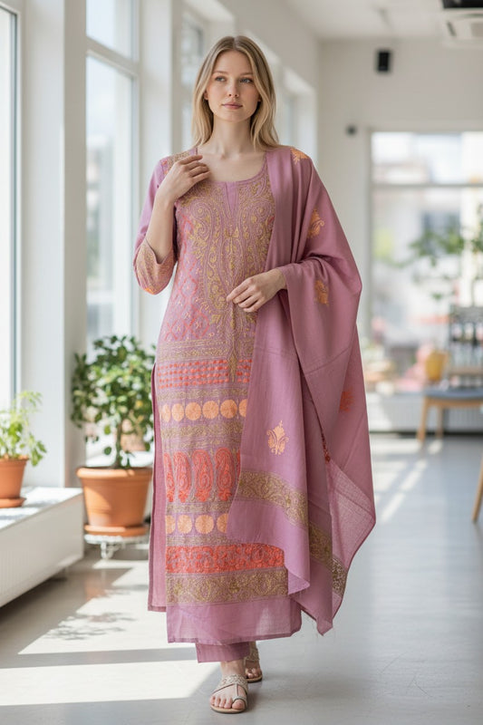 Women Woolen Kashmiri Suits Semi Pashmina Aari Embroidery  - Pink