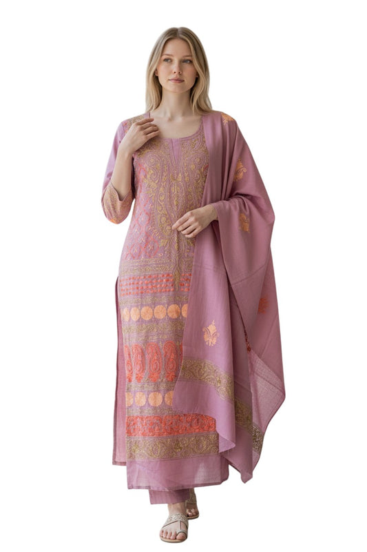 Women Woolen Kashmiri Suits Semi Pashmina Aari Embroidery  - Pink