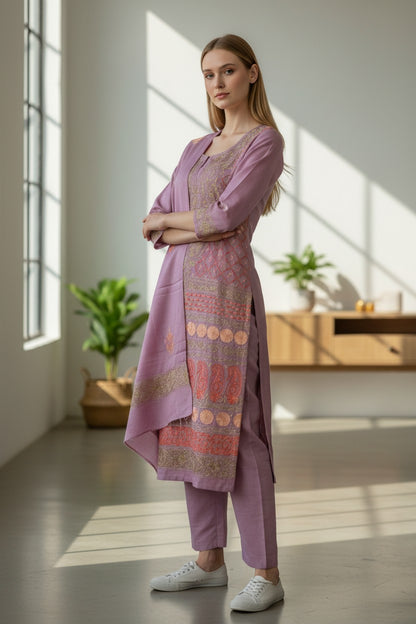 Women Woolen Kashmiri Suits Semi Pashmina Aari Embroidery  - Pink