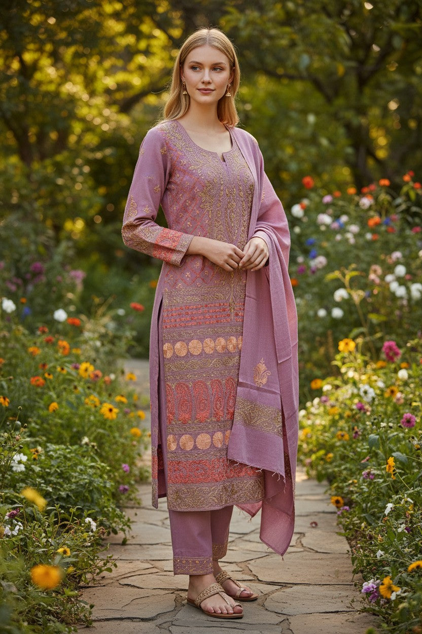 Women Woolen Kashmiri Suits Semi Pashmina Aari Embroidery  - Pink