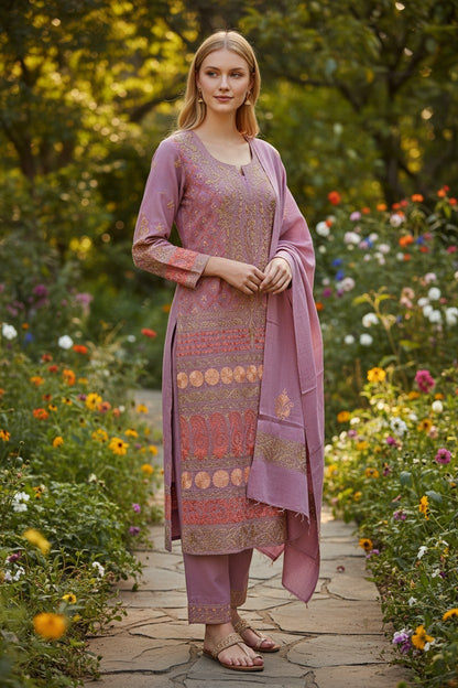 Women Woolen Kashmiri Suits Semi Pashmina Aari Embroidery  - Pink