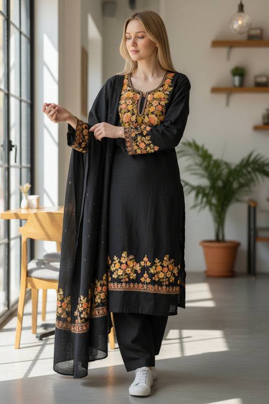 Women Woolen Kashmiri Suits Semi Pashmina Aari Embroidery  - Black