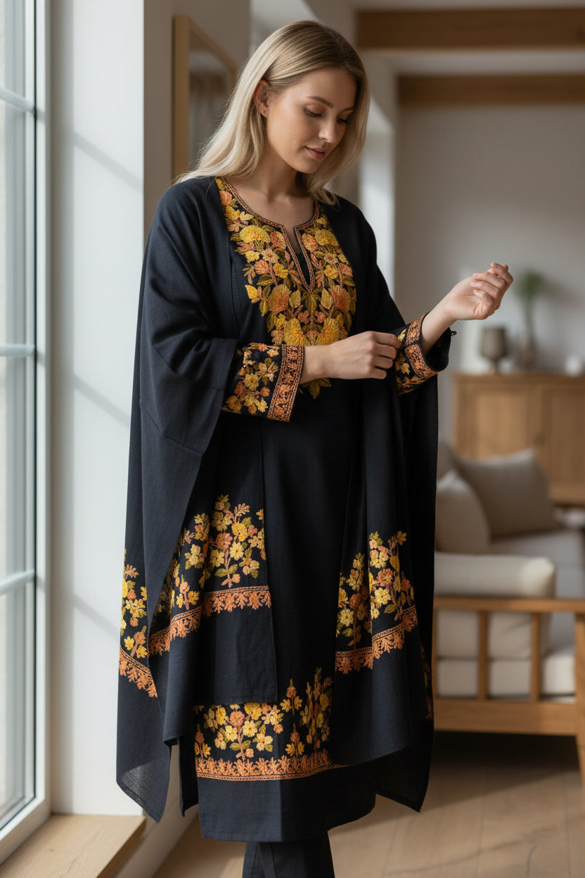 Women Woolen Kashmiri Suits Semi Pashmina Aari Embroidery  - Black