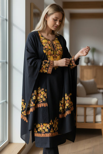 Women Woolen Kashmiri Suits Semi Pashmina Aari Embroidery  - Black