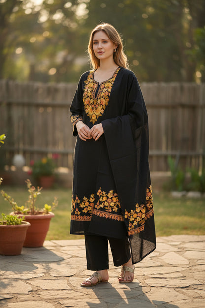 Women Woolen Kashmiri Suits Semi Pashmina Aari Embroidery  - Black