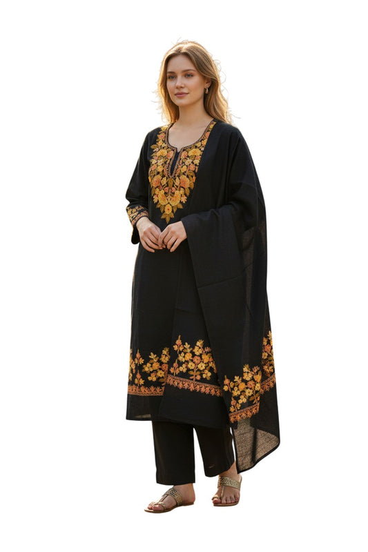 Women Woolen Kashmiri Suits Semi Pashmina Aari Embroidery  - Black