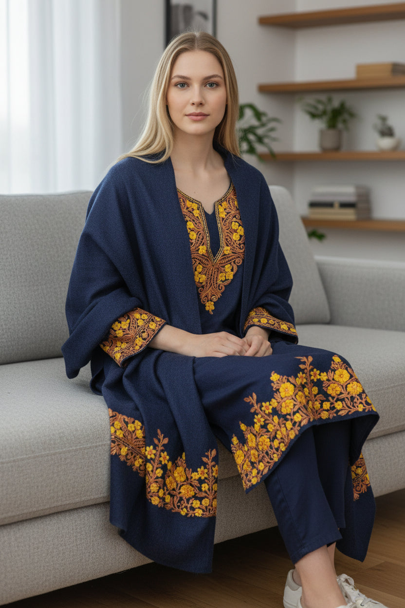 Women Woolen Kashmiri Suits Semi Pashmina Aari Embroidery  - Royal Blue