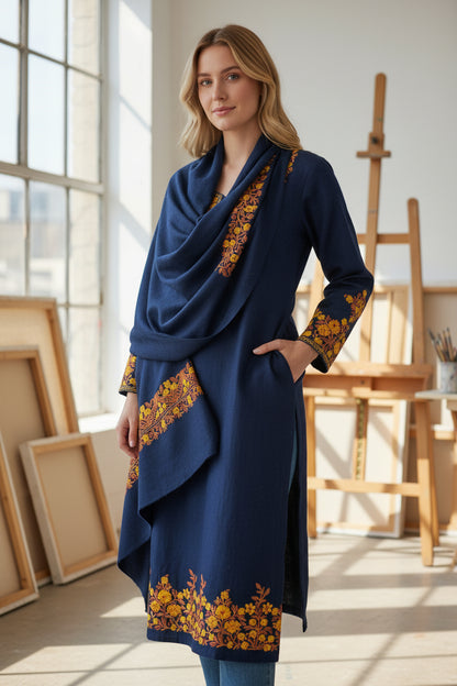 Women Woolen Kashmiri Suits Semi Pashmina Aari Embroidery  - Royal Blue