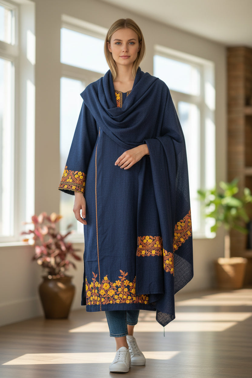Women Woolen Kashmiri Suits Semi Pashmina Aari Embroidery  - Royal Blue