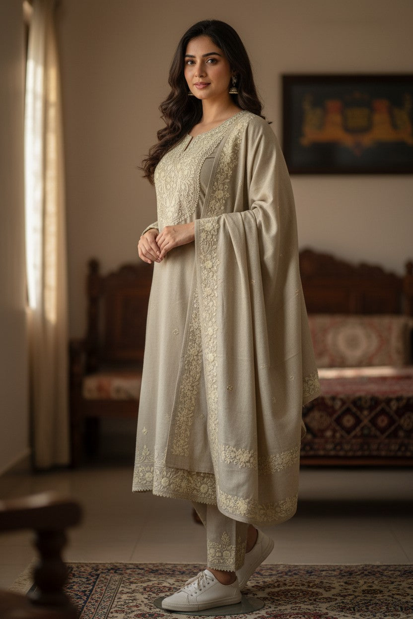Women Woolen Kashmiri Suits Semi Pashmina Aari Embroidery  - Cream White