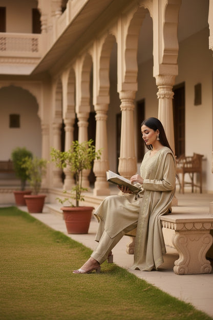Women Woolen Kashmiri Suits Semi Pashmina Aari Embroidery  - Cream White