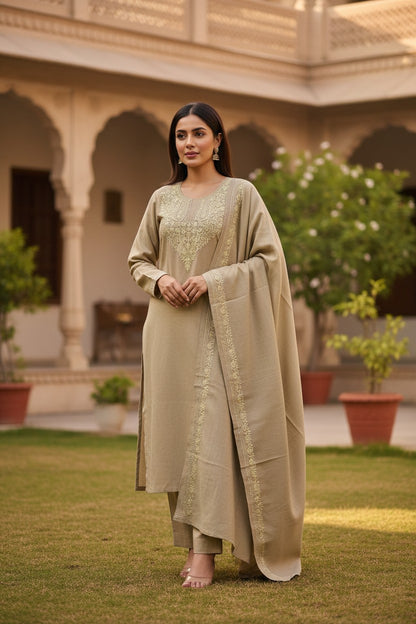 Women Woolen Kashmiri Suits Semi Pashmina Aari Embroidery  - Cream White