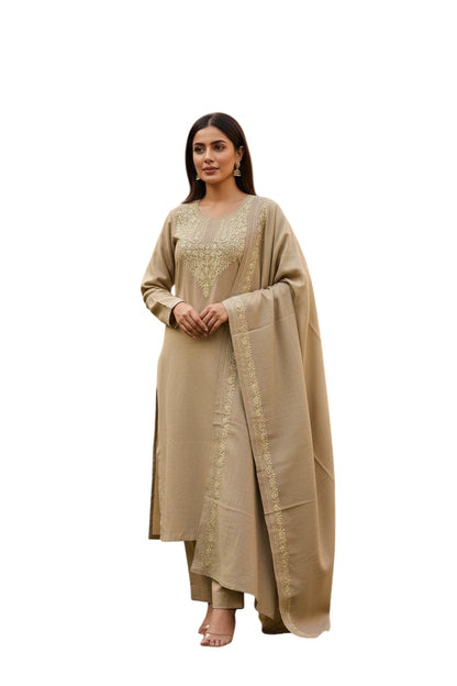 Women Woolen Kashmiri Suits Semi Pashmina Aari Embroidery  - Cream White