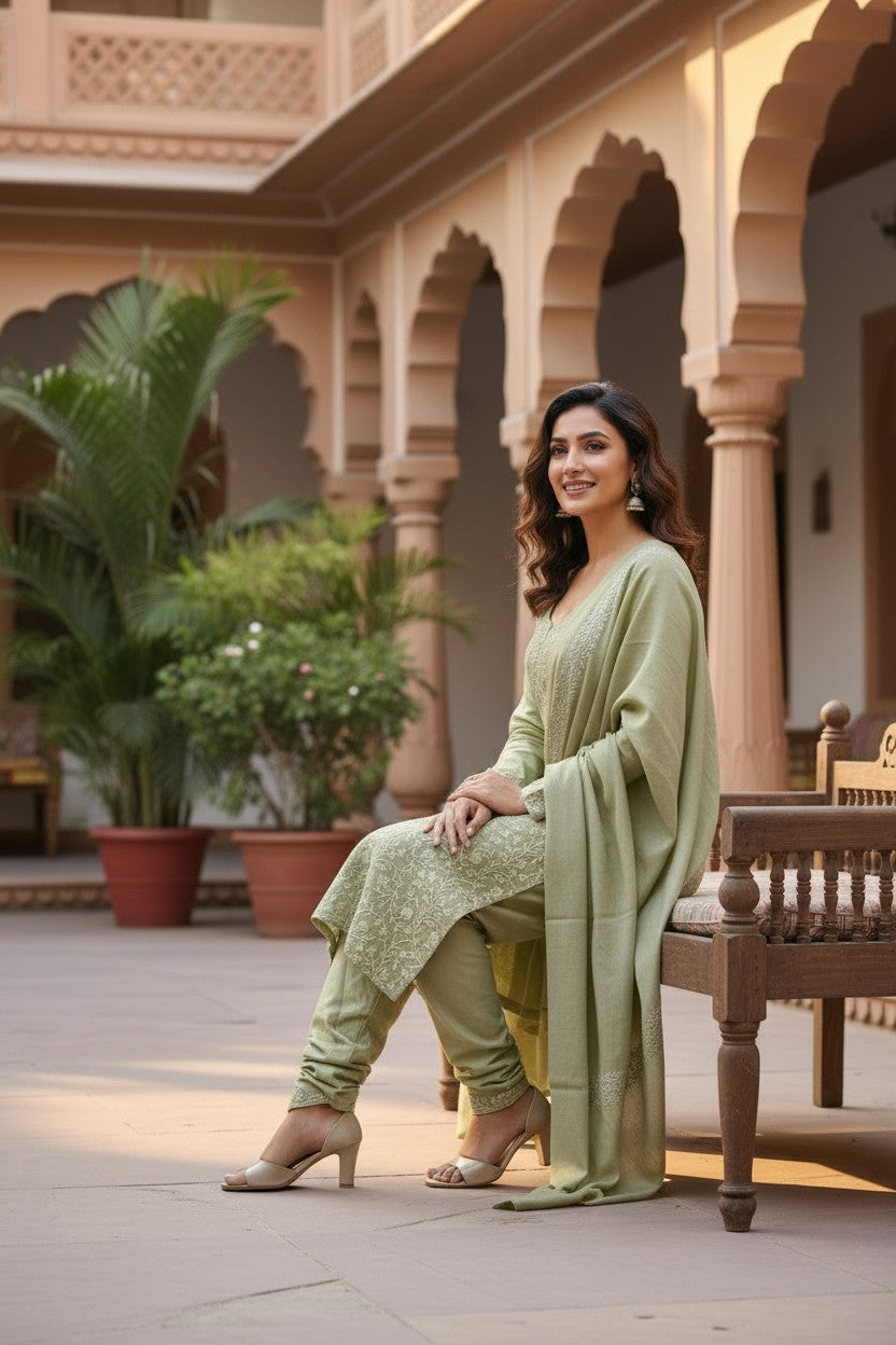 Women Woolen Kashmiri Suits Semi Pashmina Aari Embroidery  - Light Green