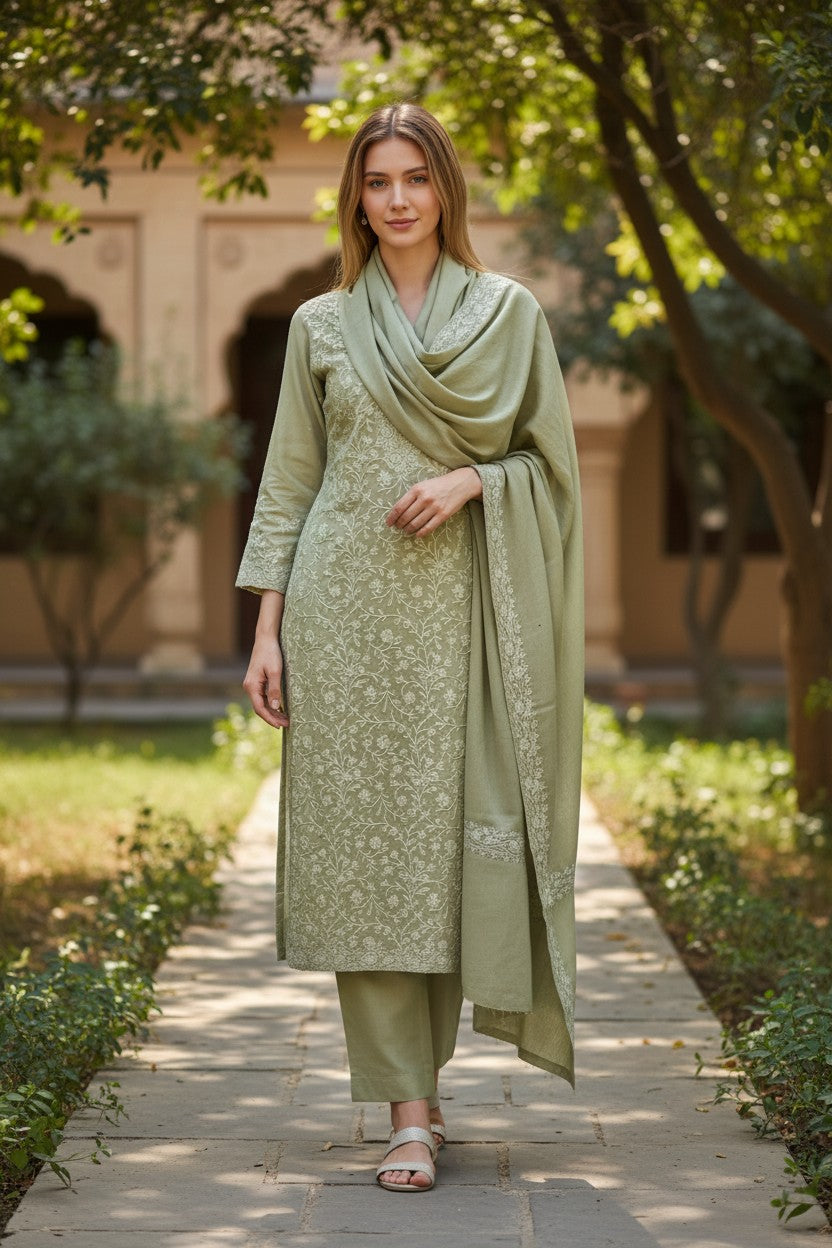 Women Woolen Kashmiri Suits Semi Pashmina Aari Embroidery  - Light Green