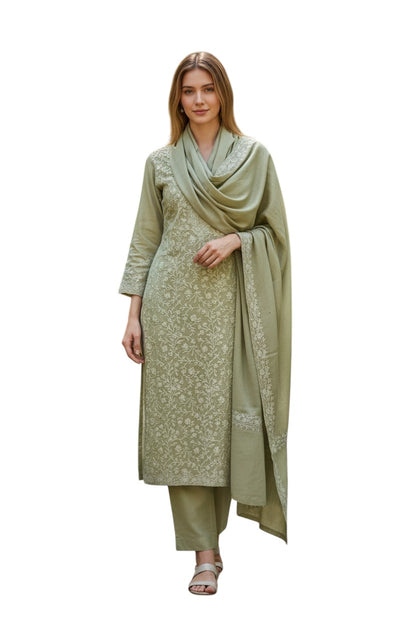 Women Woolen Kashmiri Suits Semi Pashmina Aari Embroidery  - Light Green