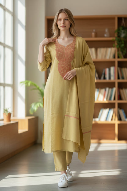 Kashmir Gallery Women Woolen Kashmiri Suits Semi Pashmina - Lemon